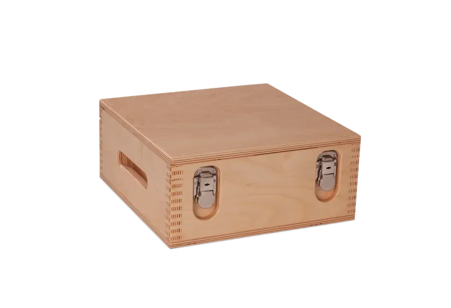 Tool box for heavy contents made of birch, with metal closure